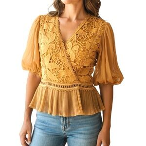 Haute Monde Peplum Top Gold Lace Wrap Front Puffy Short Sleeves NEW